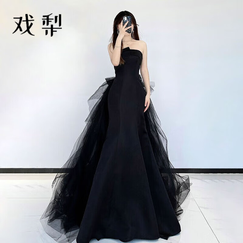 戏梨黑色高端鱼尾晚礼服女2023新款轻奢小众气质宴会主持人法式高级感 黑色长款 L高性价比高么？