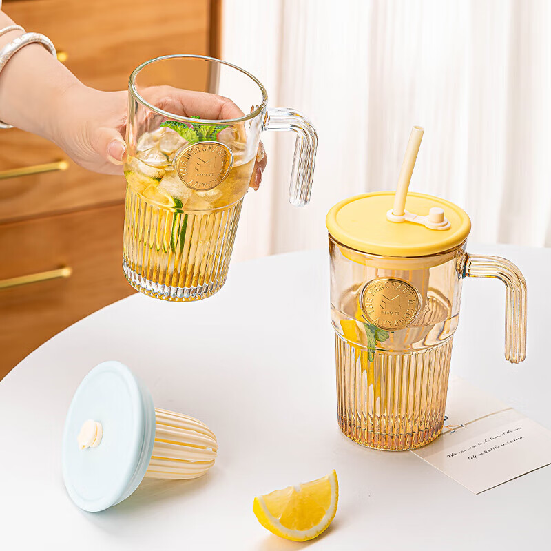 乐唯诗（LOVWISH）ins风大容量带盖带吸管竖条纹玻璃杯高颜值冷饮杯果汁咖啡杯水杯 乐美吸管杯【琥珀】530ml1只
