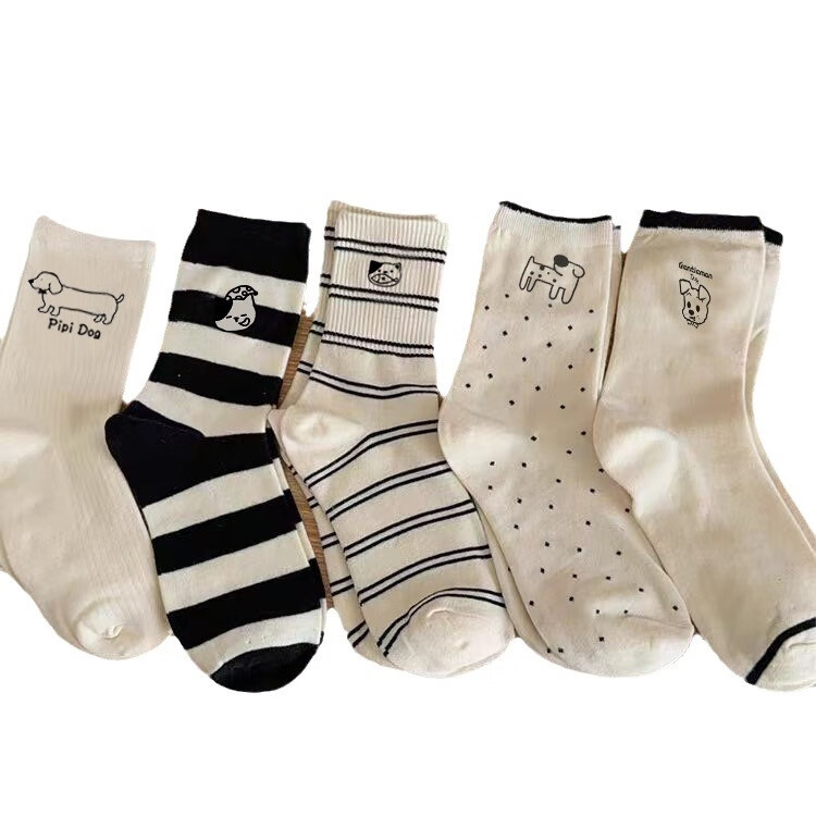 莫代尔女袜黑白腊肠狗运动袜日系可爱学生中筒袜 黑白腊肠狗袜 5双