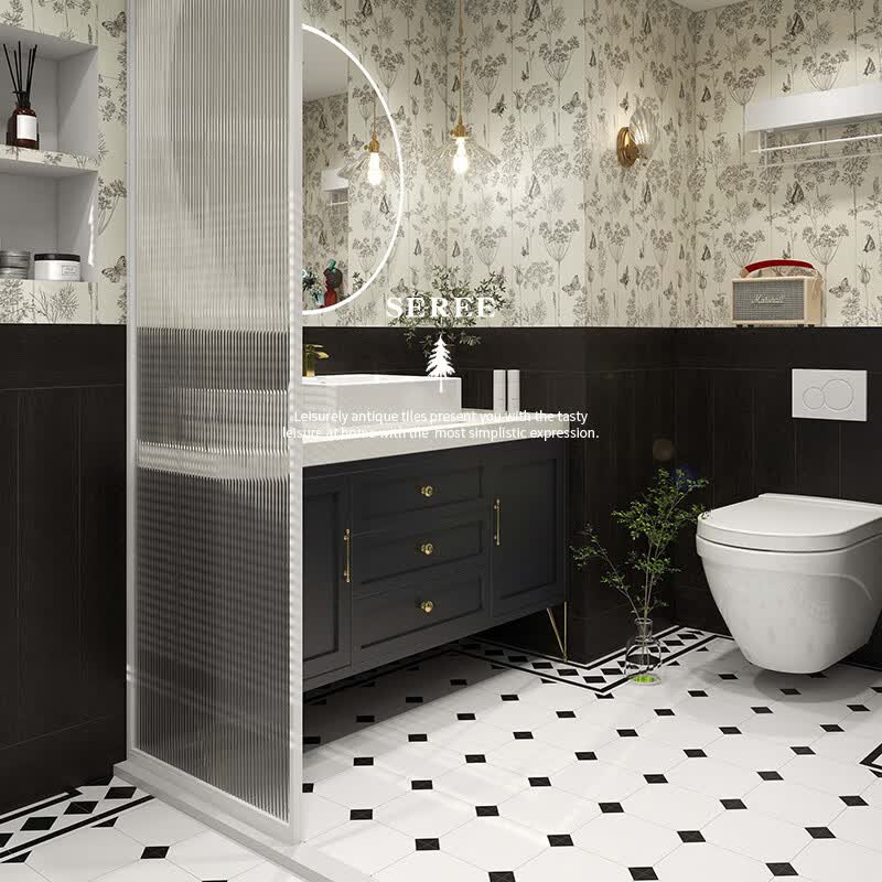 思力 法式复古200黑白格花片地砖卫生间厨房阳台300×600蝴蝶花墙地砖