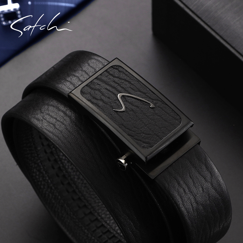 satchi沙驰皮带商务休闲真皮男士裤带新品不锈钢海豹纹头层牛皮自动扣