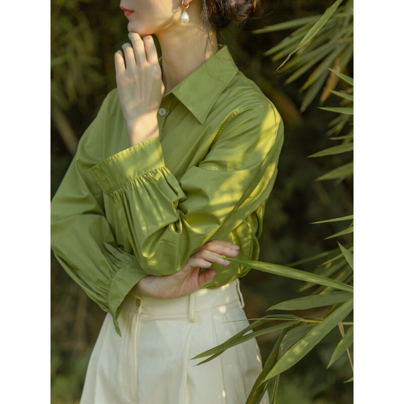 女职业棉麻法式绿色百搭设计感小众复古港味长袖衬衫内搭上衣 绿色 s