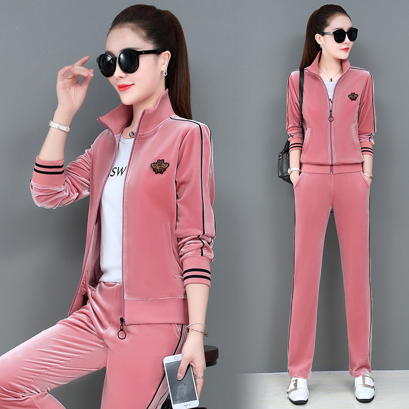 布雷维格运动服套装女春秋新款金丝绒休闲套装开衫卫衣套装运动衣衫三