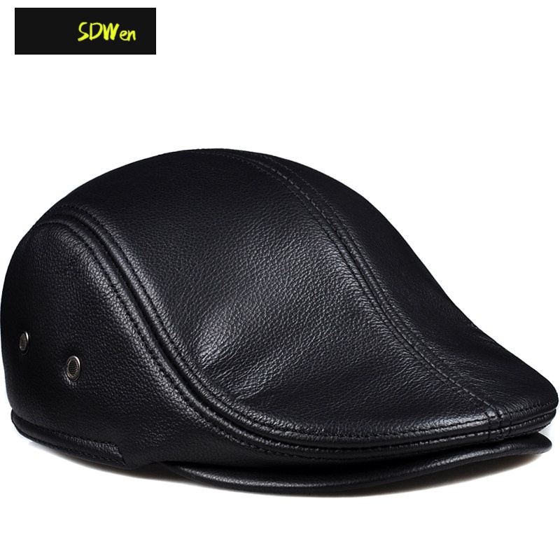 艾诗甜大老板皮帽中老年牛皮贝雷帽秋鸭舌帽户外前进帽护耳保暖帽棉