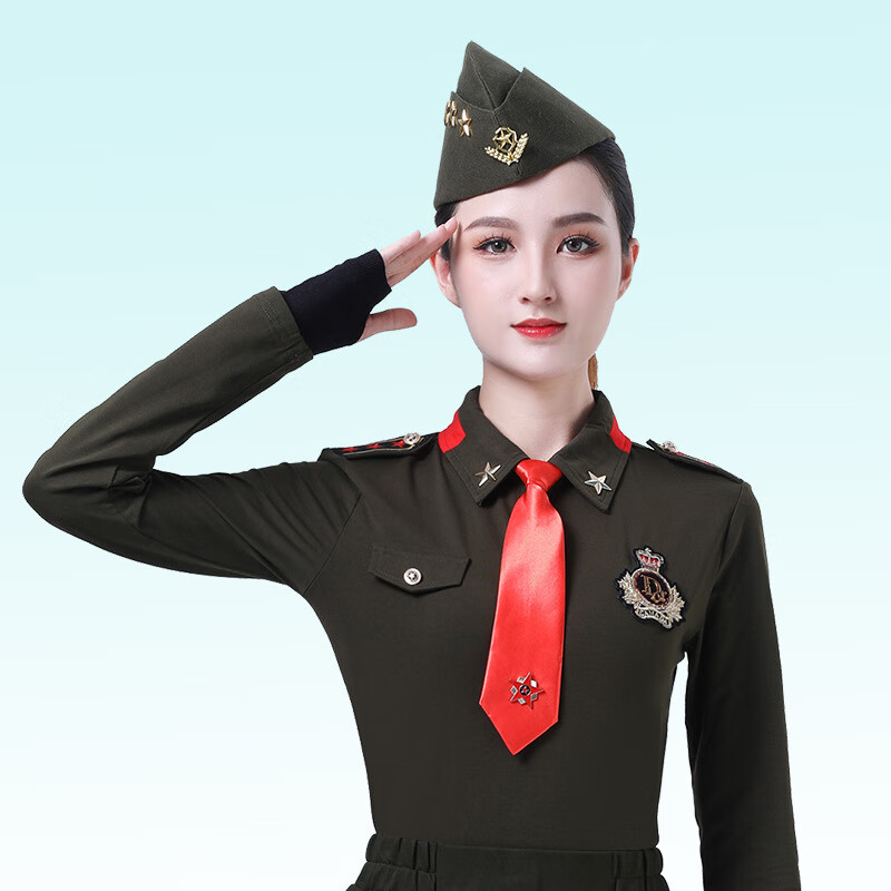 萬艦水兵舞服裝女套裝春秋新款純棉翻領(lǐng)修身長袖廣場舞演出服軍迷服 女 軍綠長袖 M