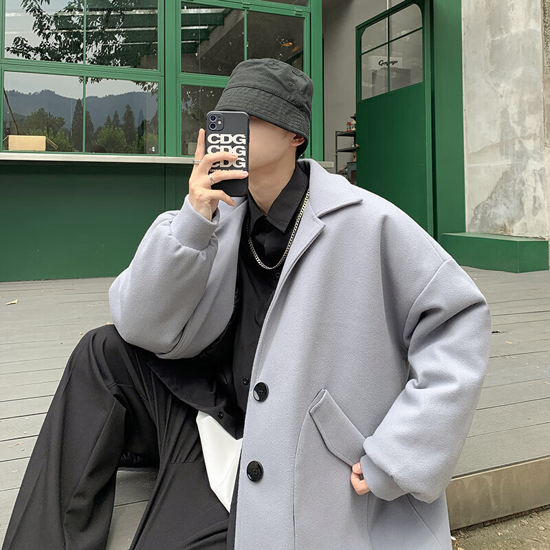 卡柏奇秋冬毛呢大衣男潮流百搭休闲外套韩版宽松新款 蓝色 M