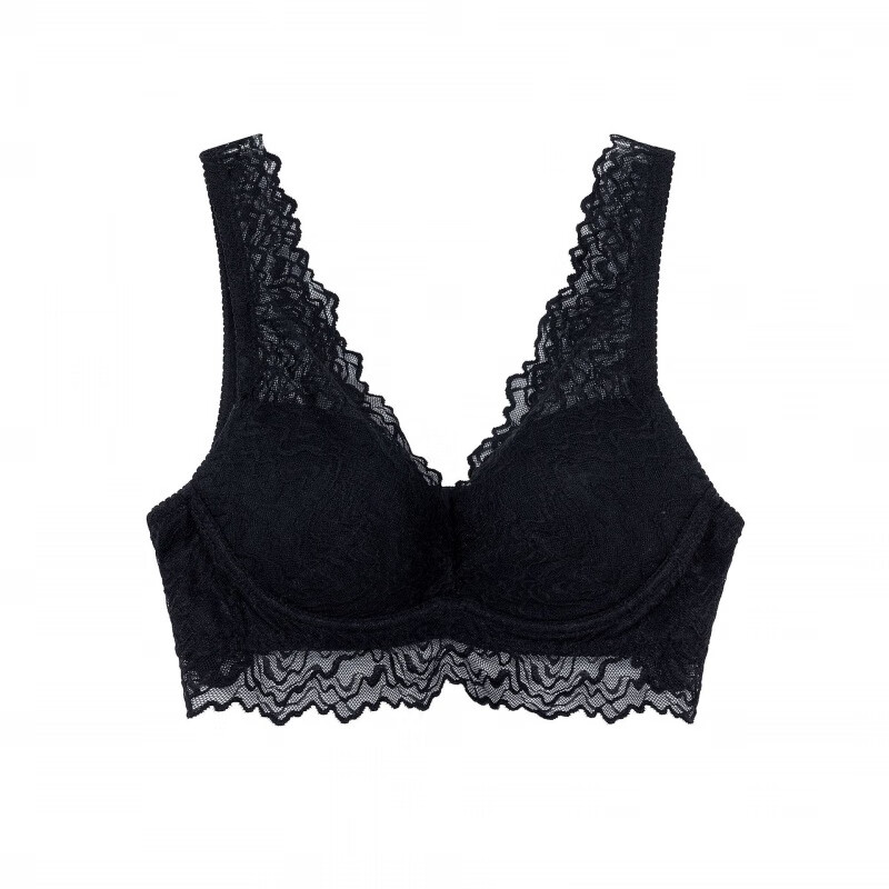 sweet2024新款文胸女大胸显小真丝花边文胸无钢圈固定肩带胸罩 黑色 s