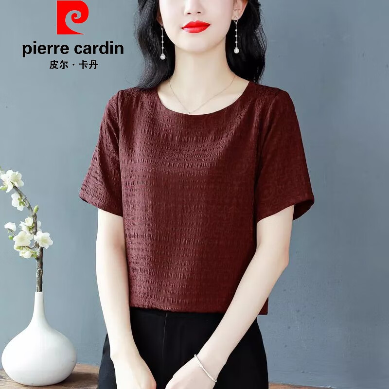 杭州提花真丝衬衫夏季短袖圆领恤小衫遮肉显瘦桑蚕丝 品牌旗舰红色 m