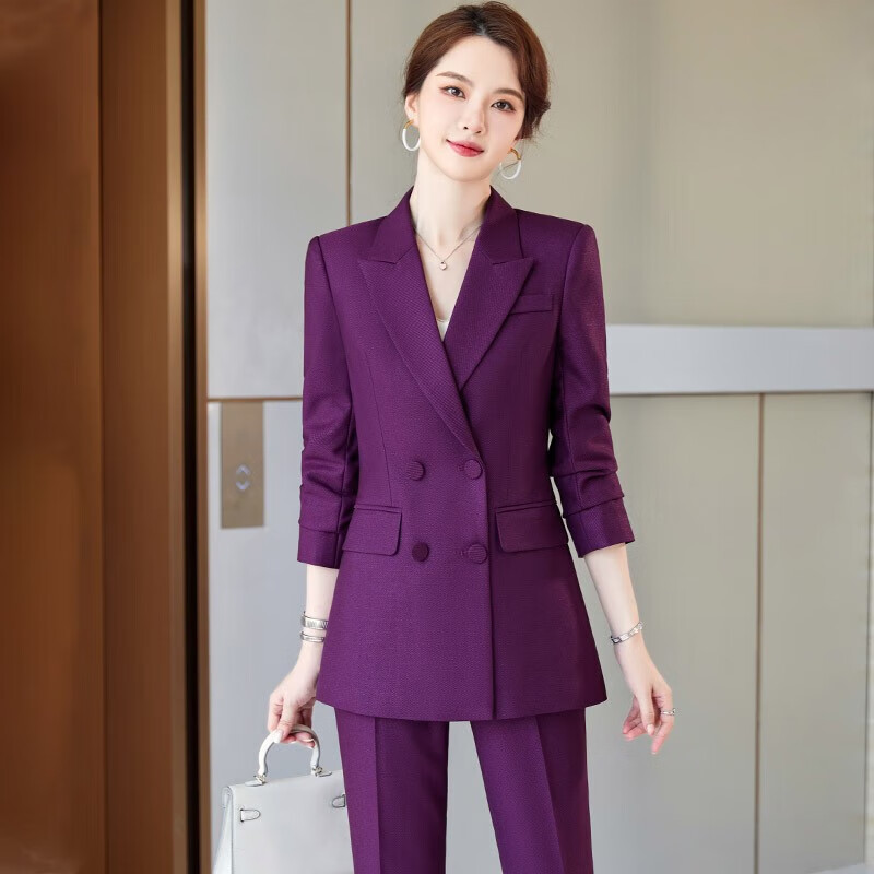 职业装西装套装女长袖气质双排扣显瘦西服外套气质正装酒店工作服 紫色外套+西裤 L