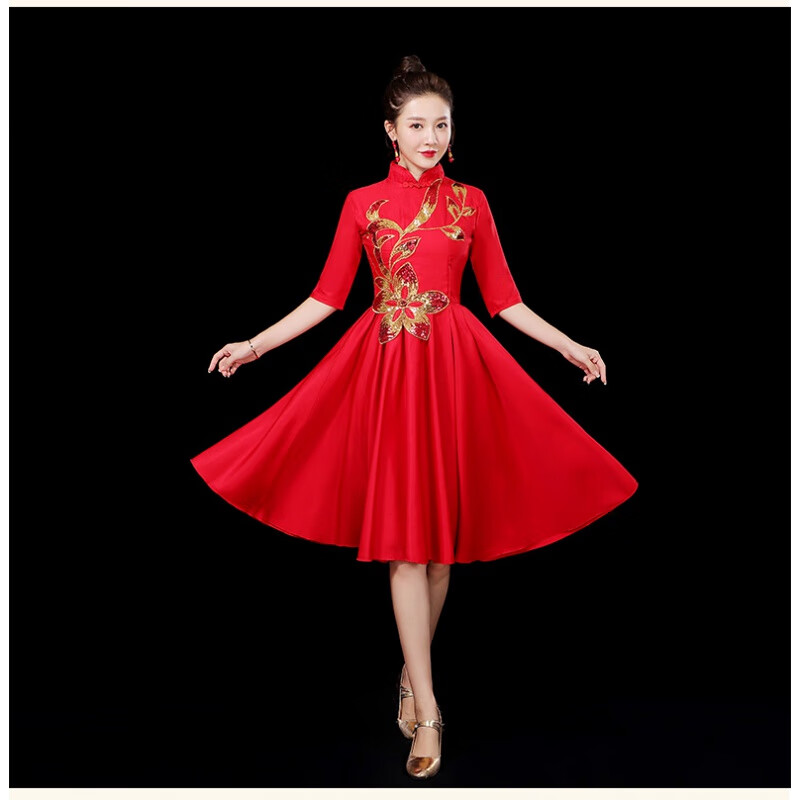 金邁鳥現(xiàn)代舞演出服女學(xué)生大合唱伴舞開場舞打鼓服裝中老年廣場舞連衣裙 紅色 S