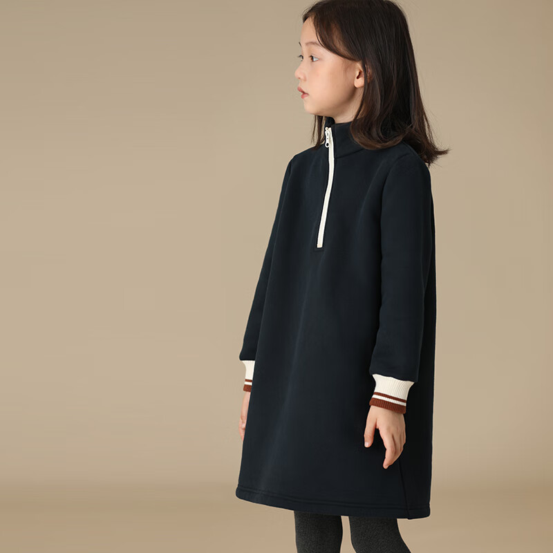 哈齿童装冬季宝宝女童儿童亲子拉链立领加绒保暖运动风卫衣连衣裙 藏青色现货 160cm