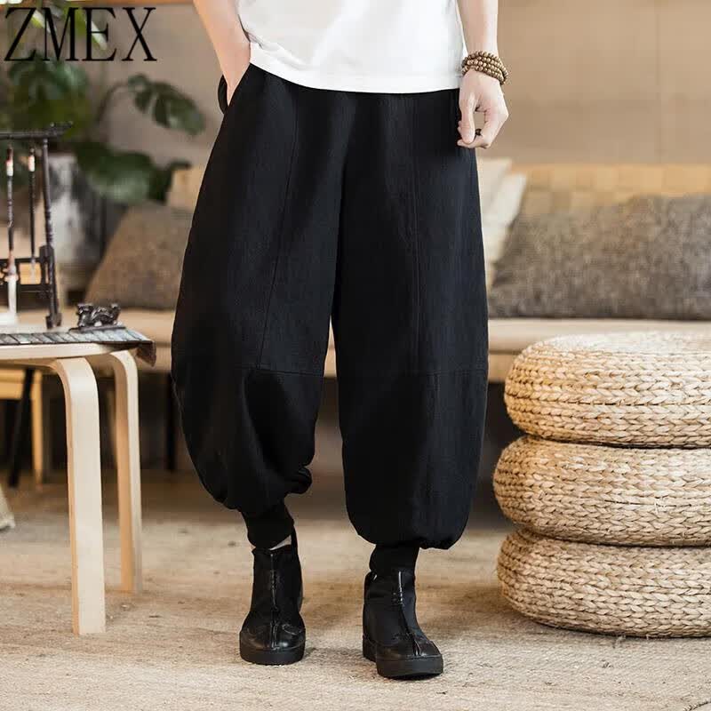 ZMEX唐装裤子男中国风 麻僧裤和尚古风免绑腿亚麻宽松古装收口束腿裤 黑色 XL属于什么档次？