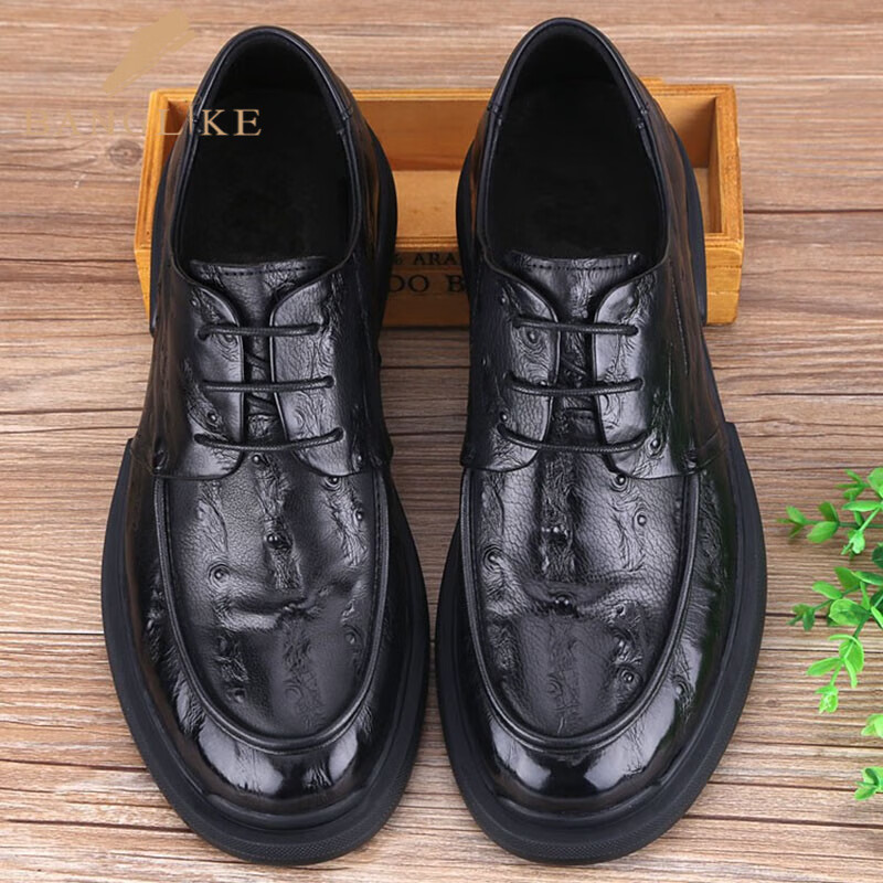 banglike品牌厚底大头商务正装鞋男休闲皮鞋男圆头轻奢男鞋 黑色软