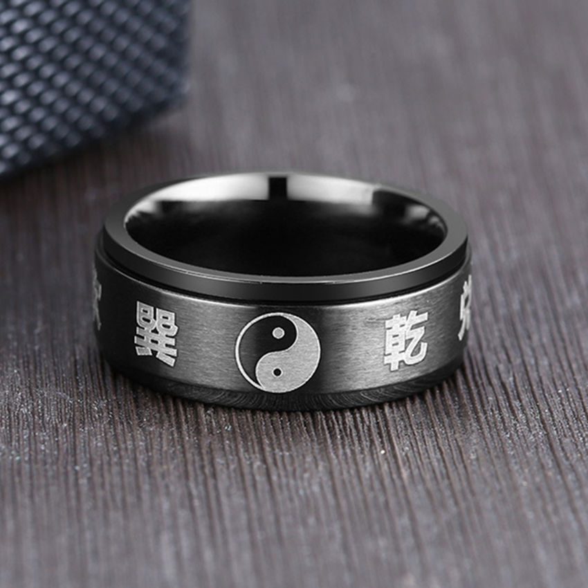 mgsolg 道家真言阴阳太极八卦护身戒指可转动钛钢黑色潮流男指环个性