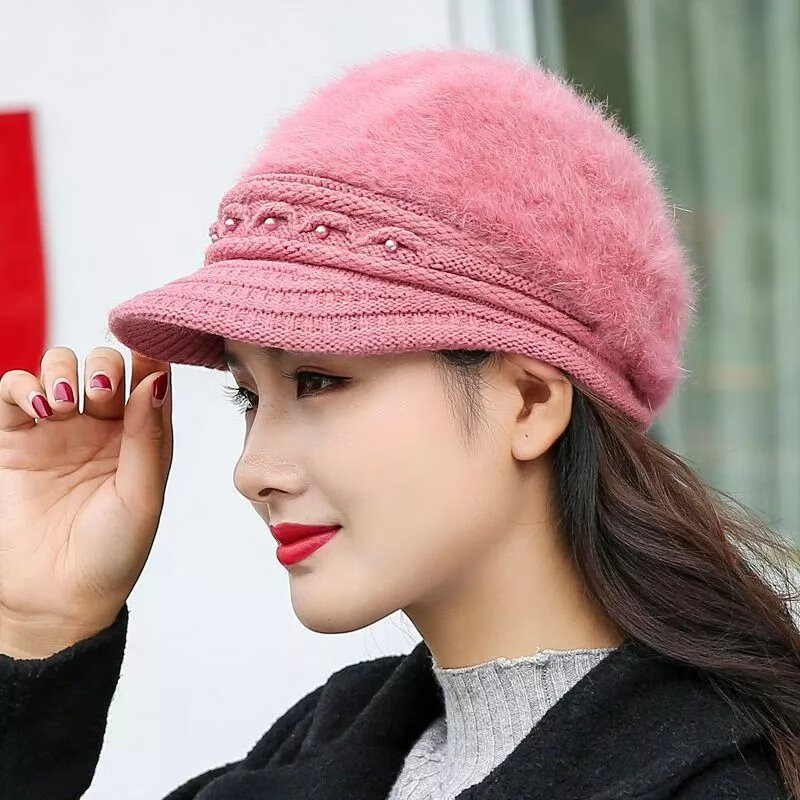 欧曼玫【现发】帽子女冬天加绒保暖护耳鸭舌针织帽贝雷帽兔毛帽加厚毛线 豆沙色