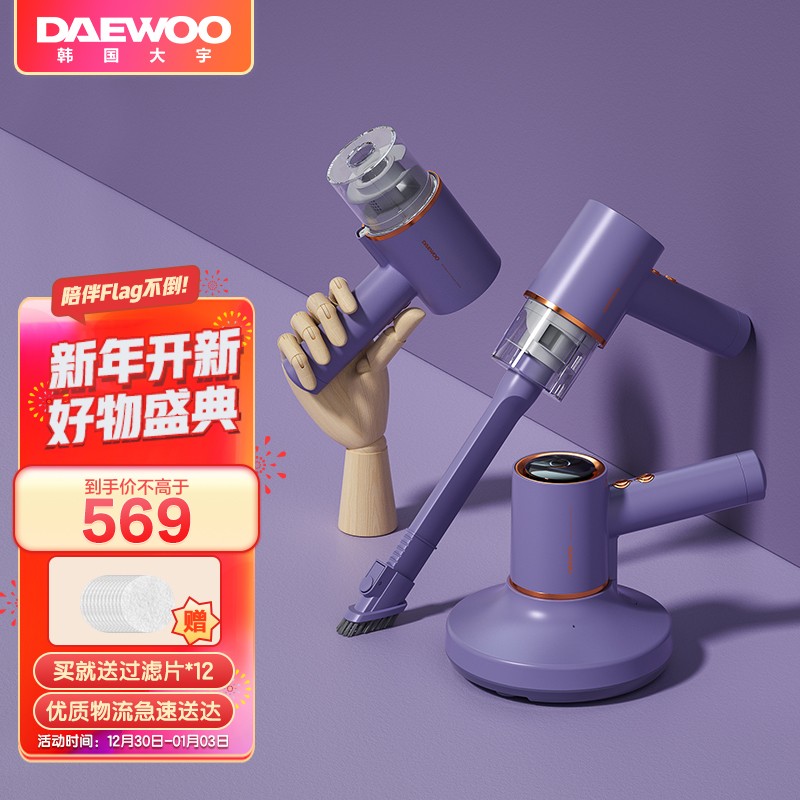 大宇（DAEWOO）无线除螨仪大吸力高续航手持家用车载床上除螨紫外线杀菌除螨器V1-ZI