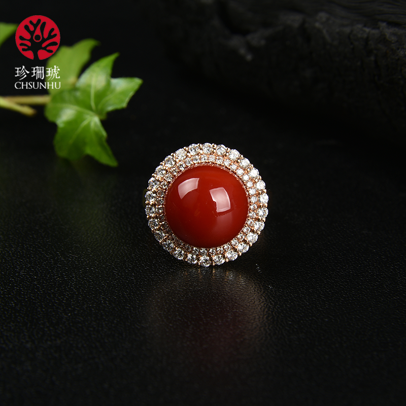 珍珊琥 红色珊瑚圆珠戒指 镶嵌玫瑰金钻石彩宝阿卡 戴妃款 优雅时尚
