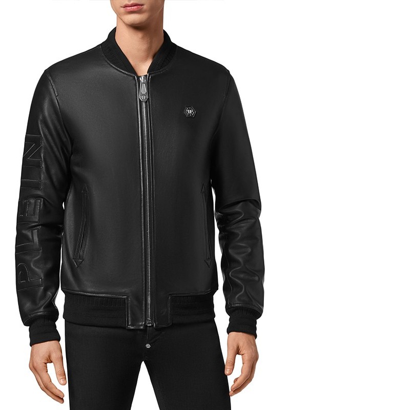 philipp plein 菲利浦普莱因 男士羊皮皮衣金属徽标飞行夹克外套 mlb