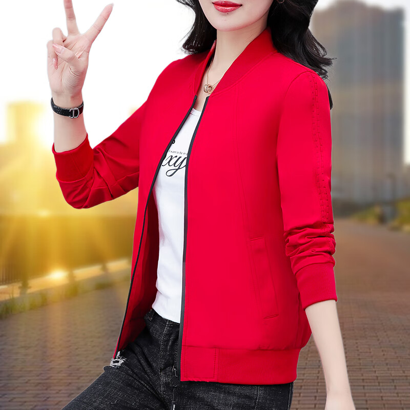 筏芯短款棒球服外套女春季新款小个子休闲百搭夹克上衣 红色 m(建议80