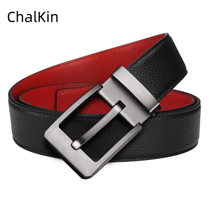 CHALKIN本命年腰带男马年红黑两面真皮针扣皮带双面用头层牛皮爸爸裤腰带 款49打孔带 125cm 体重160-175/裤码37-39