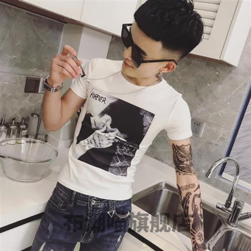 花淯非主流短袖社会青快手红人男孩潮流紧身半截内衣精神小伙t恤 白色