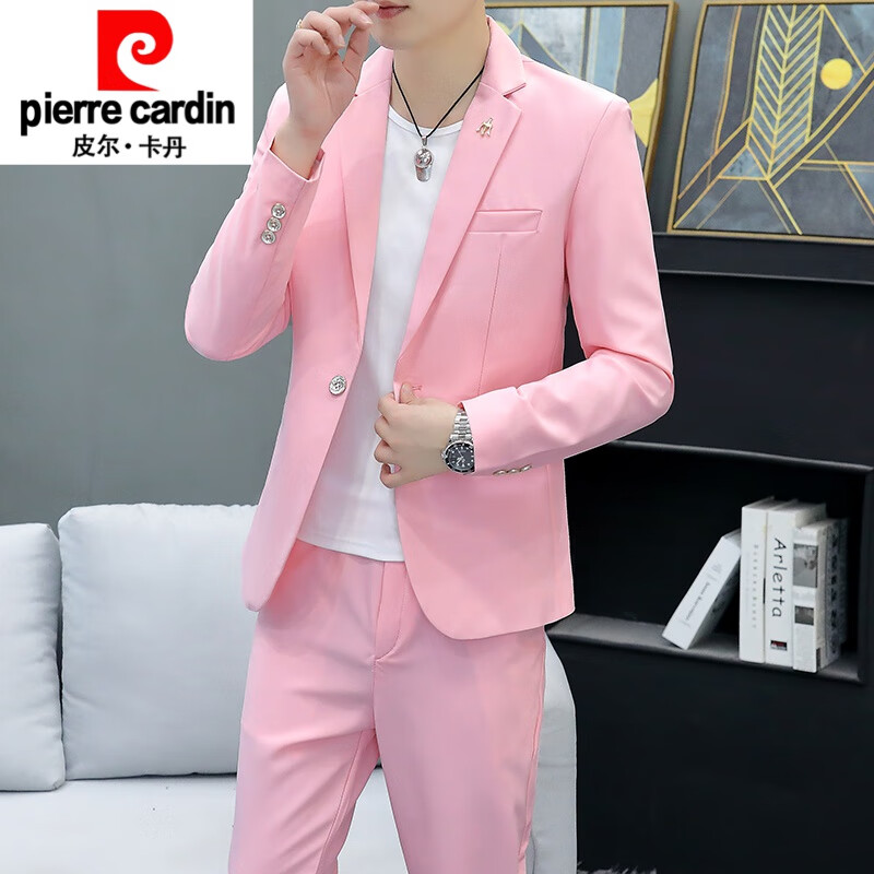 休闲小西装外套男正装职业春秋粉色西服套装