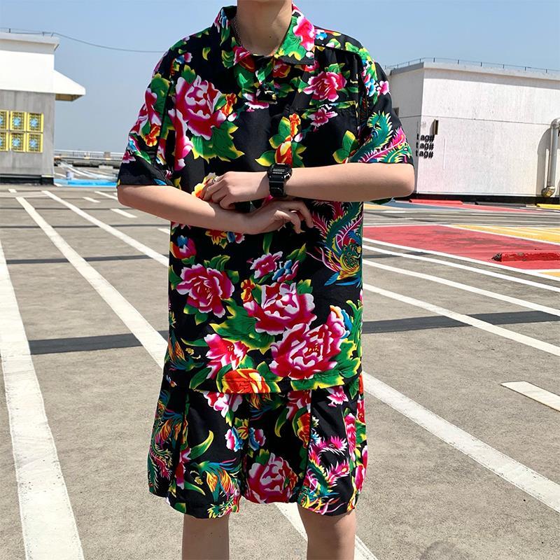 定将搞笑东北大花布衣服男东北大花polo衫t恤套装ins潮牌胖子大码正肩