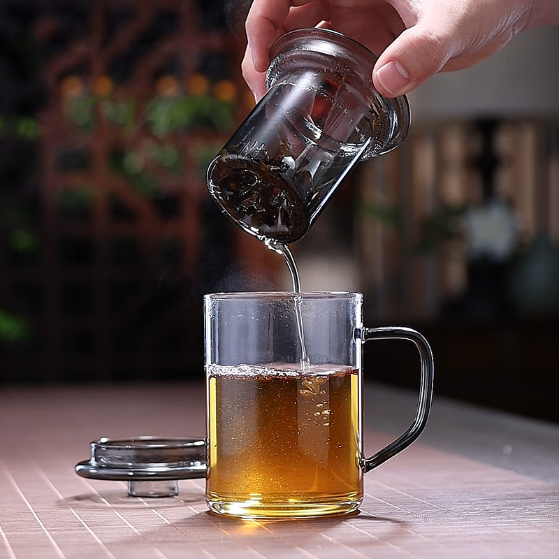 全度高硼硅耐热玻璃加厚茶杯办公室茶水分离三件式泡茶杯家用水杯 观山茶漏三件杯【钮盖】 400ml 1只