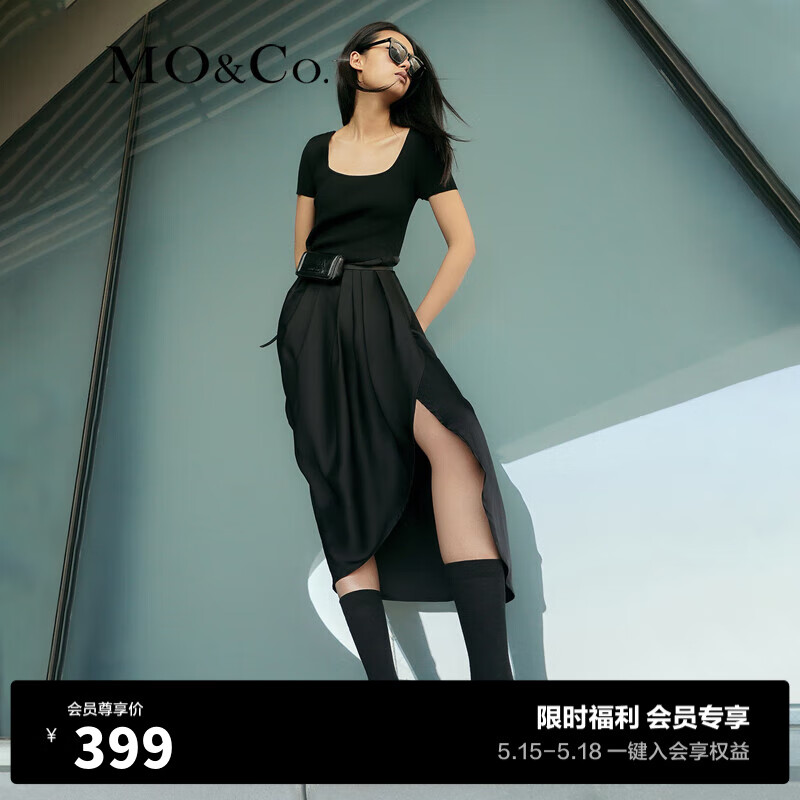 MO&Co.【会员专享福利】夏季设计感花苞型方领连衣裙小黑裙MBB2DRS013 黑色 M/165