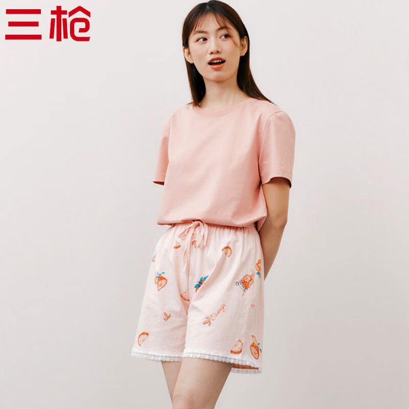 三枪家居裤春夏季全棉睡裤女士甜美风小个子可外穿薄款纯棉宽松版短裤 浅橘橙子 L (165/90)