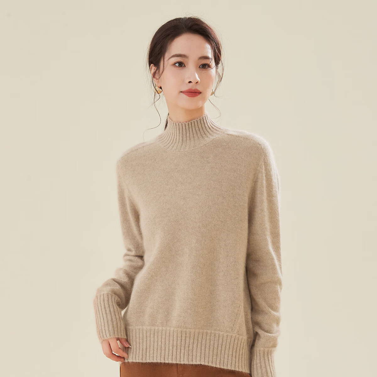 春竹【商场同款】100%山羊绒秋冬半高领纯色加厚保暖针织毛衣羊绒衫女 蜜茶驼 XL （105CM）