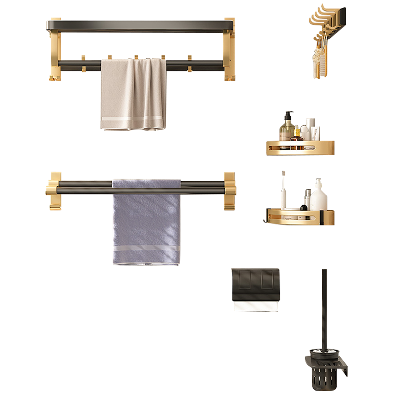水天一方 毛巾架免打孔卫生间置物架浴室收纳浴巾架太空铝厕所壁挂卫浴五金挂件套装 【黑金】豪华六件套(可免钉/打孔)精装修客户之选