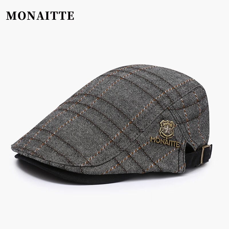 蒙奈特（MONAITTE）帽子男新款秋季潮流鴨舌帽男士中老年爸爸格紋復(fù)古貝雷帽前進(jìn)帽女 灰色 均碼 可調(diào)節(jié)（54-61CM）