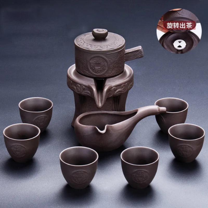 荼白紫砂创意陶瓷茶具懒人半自动出水石墨旋转 事事如意自助冲茶器 6