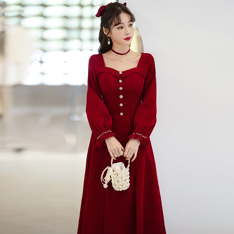 百丽驼美士(balitomms)敬酒服秋冬长袖酒红色束腰订婚结婚礼服答谢宴