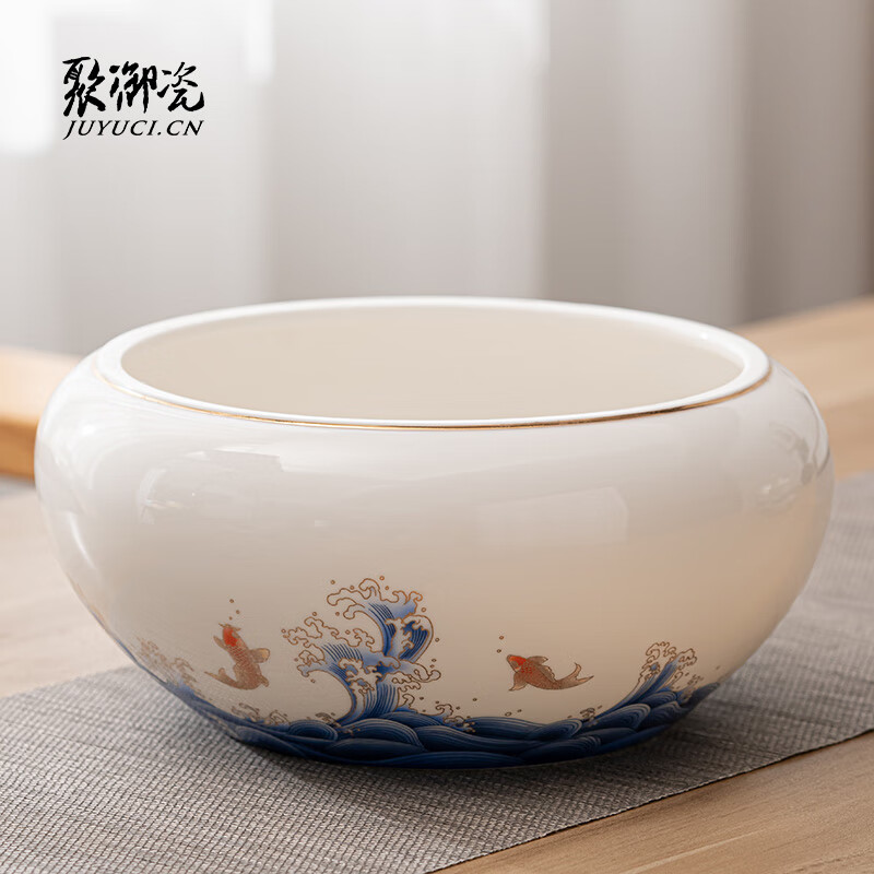 聚御瓷正洗茶洗大號陶瓷茶洗缸 茶具配件 青花瓷杯洗茶道水洗建水筆洗缸 凝脂玉大茶洗（乘風(fēng)破浪）