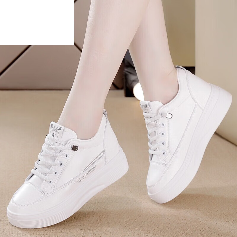 百丽美咖真皮小白鞋女2023春季新款百搭内增高休闲鞋女 白色 35