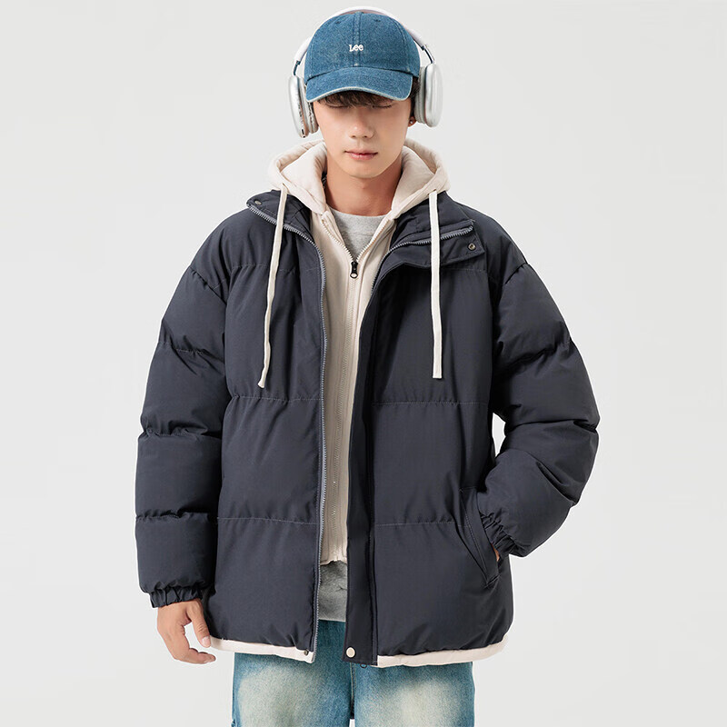 卡柏奇情侣假两件棉服男款冬季宽松休闲加厚保暖棉衣外套潮流连帽棉 深灰(卡其) S