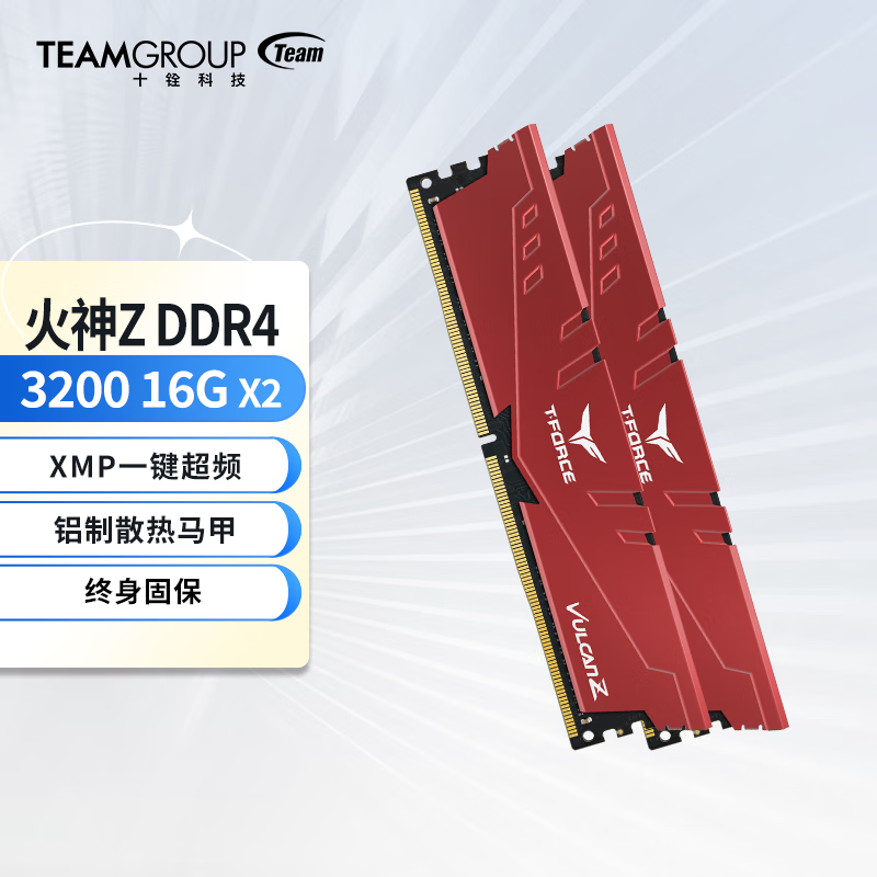 Team 十铨 火神系列 Z DDR4 3200MHz 台式机内存 马甲条 红色 32GB 16GB