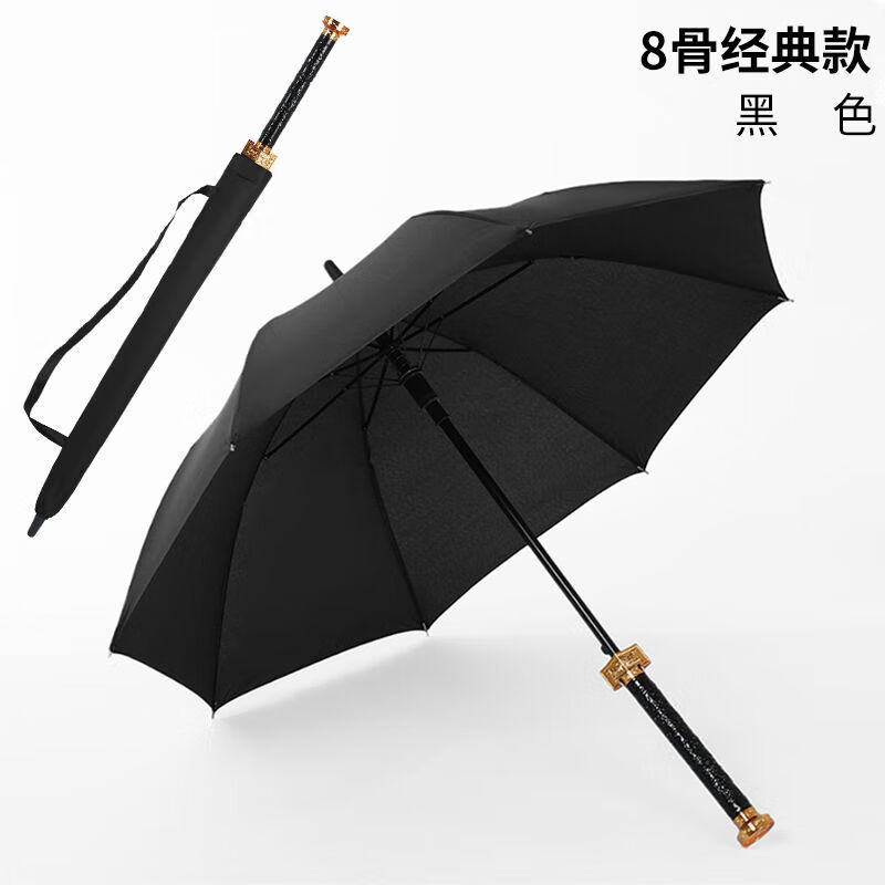 红长柄晴雨伞男款女学生两用中国古风遮阳防晒 黑色-8骨钢骨剑伞-伞套