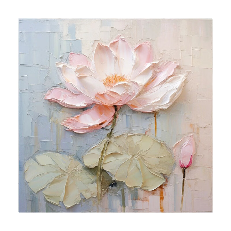 oein抽象荷花肌理手绘油画客厅餐厅装饰画奶油风新中式玄关挂画正方形