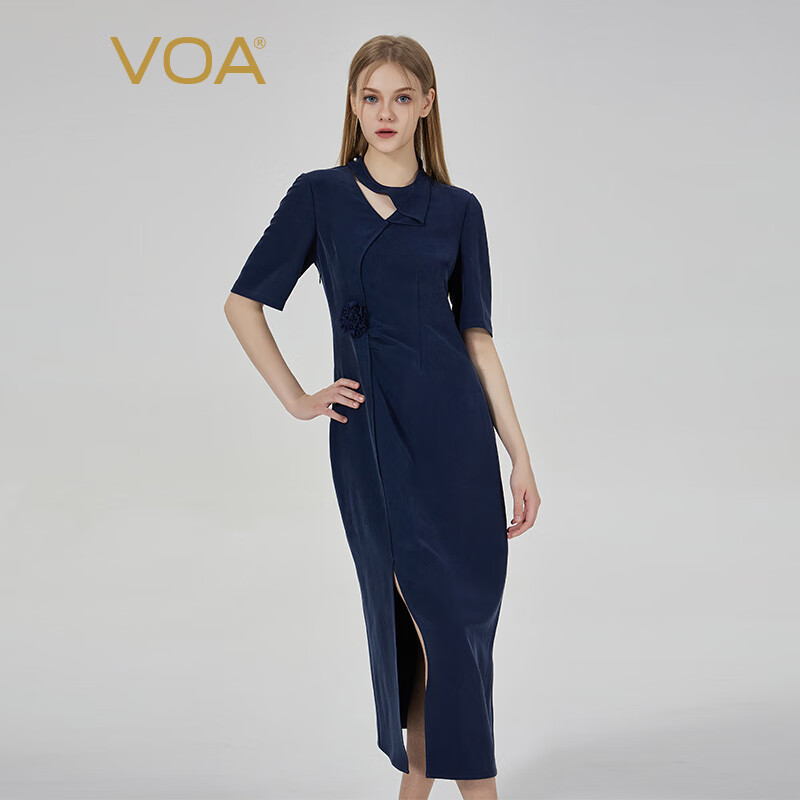 VOA51姆米真丝重磅V领不对称开叉芍药花修身显瘦优雅旗袍裙 AE2595 淡墨青衫（Q01） 160/M