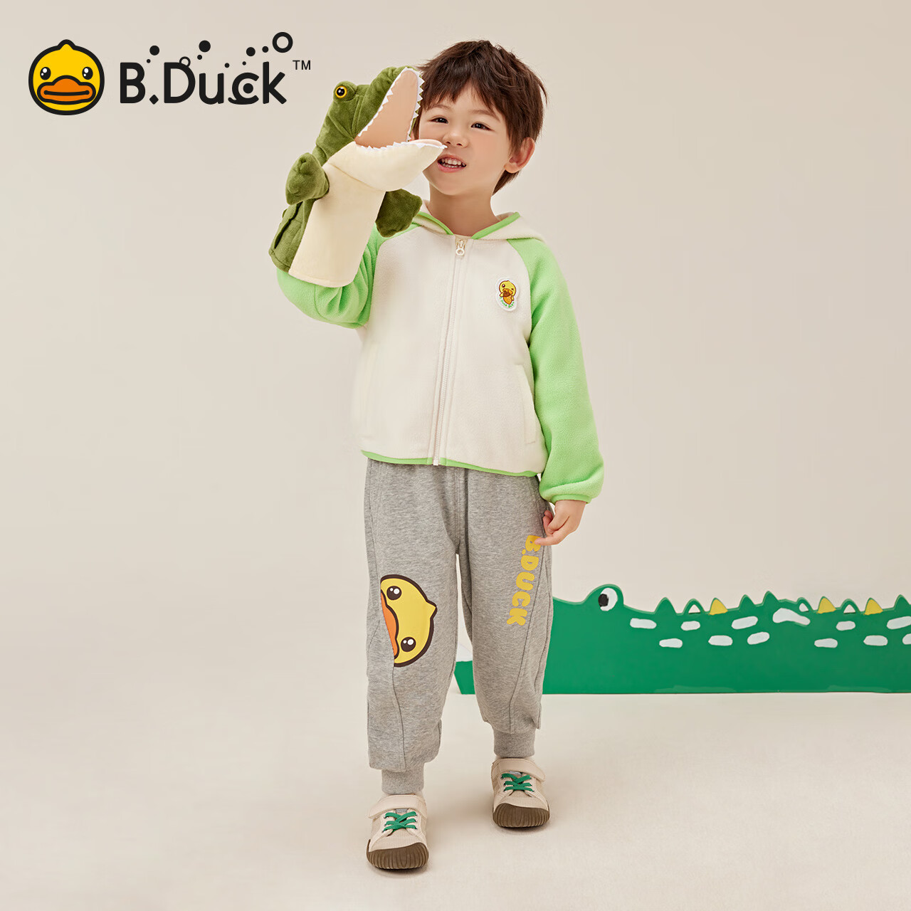 B.Duck小黄鸭童装儿童连帽外套保暖摇粒绒春秋男宝宝开衫 浅卡其 130 cm