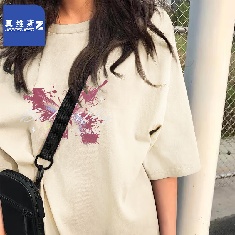 真维斯（JEANSWEST Z+）纯棉短袖t恤女春秋季新款休闲打底衫宽松上衣美式潮牌体恤情侣T恤 杏（深彩蝶飞） M (95-110斤）