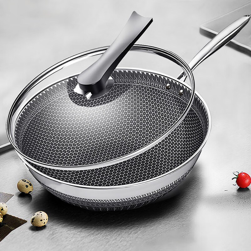 欧菲斯不粘锅炒锅304不锈钢无涂层炒菜锅燃气灶家用铁锅