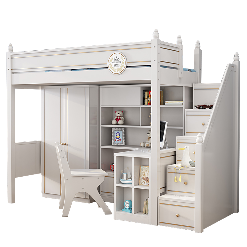 拓尔维纳 儿童多功能组合床小户型上床下桌上下床带书桌衣柜实木一体省空间 上床+0.6米衣柜+1.3米书柜+书桌+挂梯 1200mm*1900mm