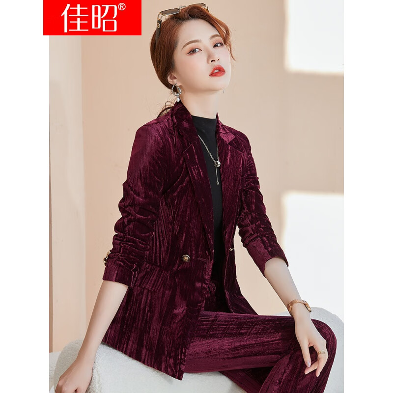 佳昭 卡其色金丝绒西装外套女秋冬2021新款高级感时尚修身气质女神范