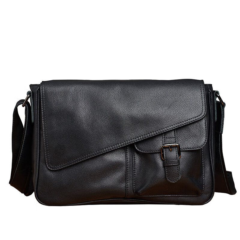 Colrtn Kwecr男士单肩包时尚休闲斜挎包大容量商务文件包真牛皮邮差包奢侈品 CK黑色33*24*7.5（14英寸）