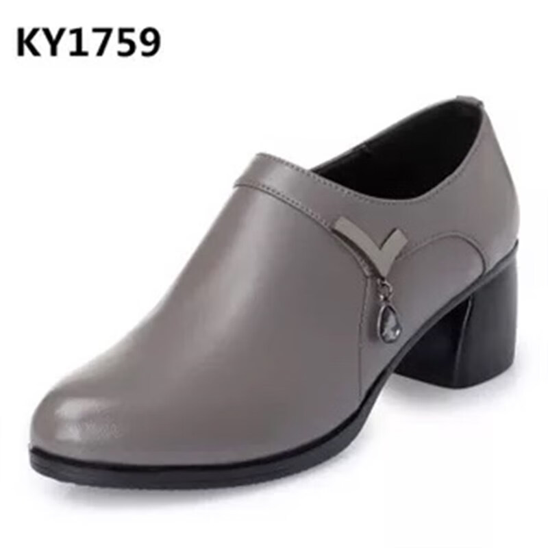 秋季新款单鞋中跟粗跟圆头时尚百搭中年妈妈牛皮鞋大码女鞋 灰色单鞋