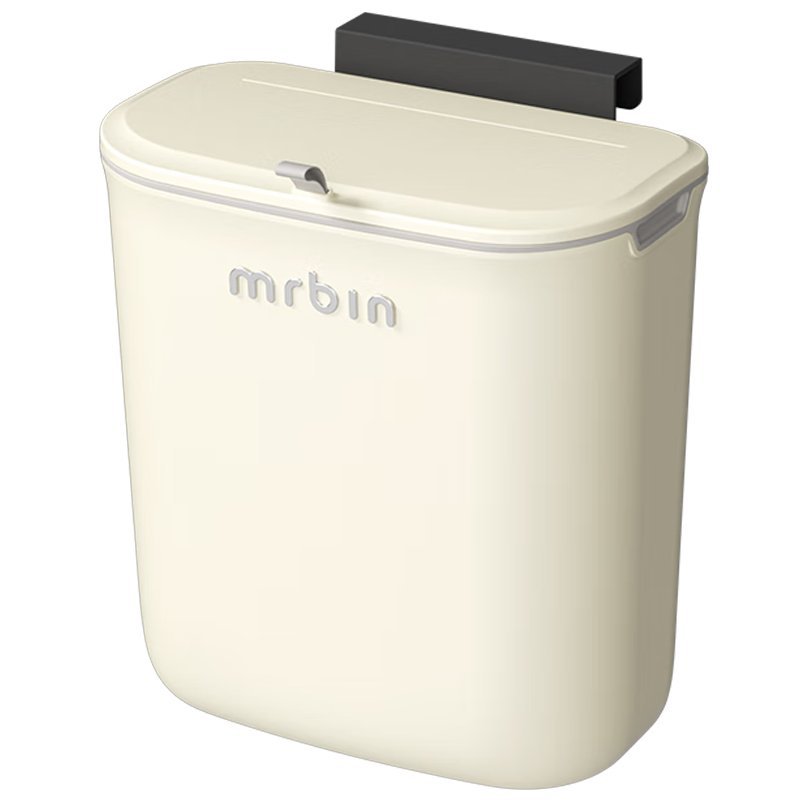 麥桶桶（Mr.Bin）廚房專用垃圾桶壁掛式帶蓋懸掛廚余櫥柜不銹鋼免彎腰衛(wèi)生間廁所 鋼蓋款丨 奶油白 9L 丨贈(zèng)掛鉤和背貼